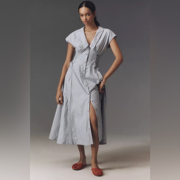 By Anthropologie Short-Sleeve V-Neck Pleated Midi Dress - Picture 1 of 10